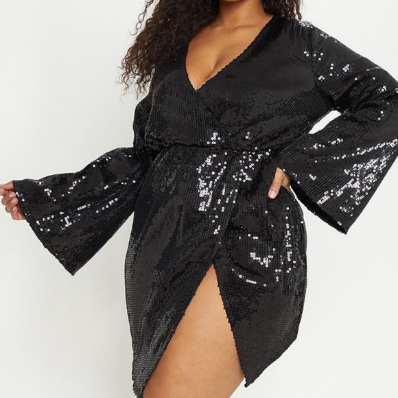 Plus Black Sequin Wrap mini shift dress - Picture 1 of 4